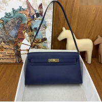 New Style Hermes Kelly Elan Bag in Chèvre Leather 2202 Blue/Gold 2024 (Half Handmade)