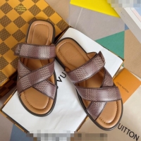 Inexpensive Louis Vuitton Men's LV Venice Flat Slide Sandals in Damier Leather L6094 Brown 2024