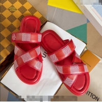 Famous Brand Louis Vuitton Men's LV Venice Flat Slide Sandals in Damier Leather L6094 Red 2024