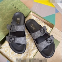 ​Popular Style Gucci Men's GG Canvas Flat Slide Sandals with Double Strap 0427 Black 2024