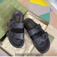 Promotional Gucci Men's GG Leather Flat Slide Sandals with Double Strap 0427 Black 2024