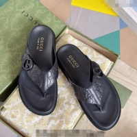 Famous Brand Gucci Men's GG Leather Flat Thong Slide Sandals 0427 Black 2024