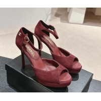 Perfect Chanel Suede Platform High Heel Sandals Burgundy 424175