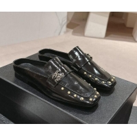 Sumptuous Chanel Shiny Calfskin Flat Mules with Pearls Black 424180