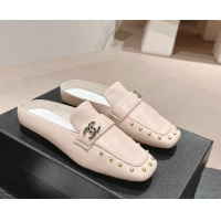 Luxury Chanel Calfskin Leather Flat Mules with Pearls Pink 424181