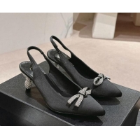 Classic Hot Chanel Satin Slingbacks Pumps 6.5cm with Bow and Crystals Black 424186