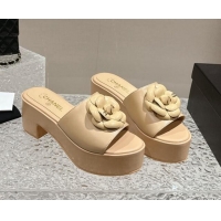 Discount Chanel Camellia Bloom Lambskin Wedge Platform Slide Sandals 6.5cm Beige 424188