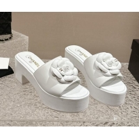 Best Price Chanel Camellia Bloom Lambskin Wedge Platform Slide Sandals 6.5cm White 424189