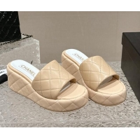 Fashion Chanel Quilted Lambskin Wedge Platform Slide Sandals 6.5cm Beige 424191