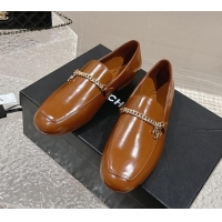 Good Quality Chanel Shiny Calfskin Loafers with Chain CC Brown 424195