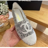 Stylish Chanel Tweed & Sequins Espadrilles Flats G45602 Black/White 424201