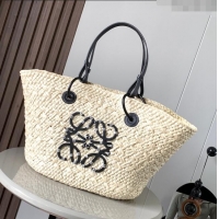 Unique Grade Loewe Anagram Basket Bag in Iraca Palm and Calfskin 8008 Beige/Black 2024