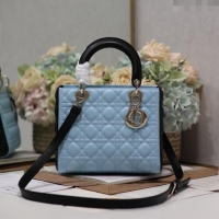 Super Quality Dior Medium Lady Dior Bag in Two-Tone Cannage Lambskin 5651 Black/Blue 2024