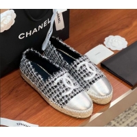 Feminine Chanel Tweed & Lambskin Espadrilles Flat G29762 Black/Silver 425021