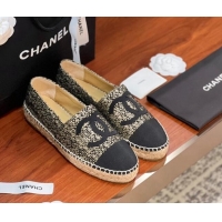 Crafted Chanel Tweed & Grosgrain Espadrilles Flat G29762 Black/Gold 425022