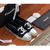 Best Grade Chanel Tweed & Lambskin Espadrilles Flat G29762 Black/Silver 425026