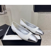 Good Looking Chanel Satin & Metallic Calfskin Ballet Flat White/Silver 425027