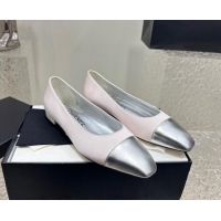 1:1 aaaaa Chanel Satin & Metallic Calfskin Ballet Flat Pale Pink/Silver 425029