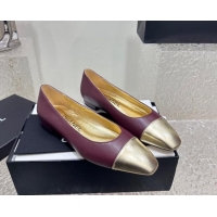 Stylish Chanel Lambskin & Metallic Calfskin Ballet Flat Burgundy/Gold 425031