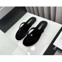 Good Quality Chanel Velvet Flat Thong Slide Sandals with Crystal CC G45716 Black 425041