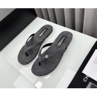 Best Grade Chanel Cotton Flat Thong Slide Sandals with Crystal CC G45716 Dark Grey 425044