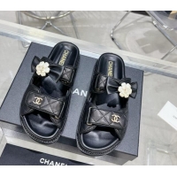 Purchase Chanel Calfskin Strap Flat Slide Sandals with Bow and Pearls Black 425046