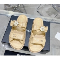 Good Quality Chanel Calfskin Strap Flat Slide Sandals with Bow and Pearls Beige 425047