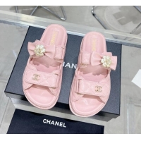 Best Product Chanel Calfskin Strap Flat Slide Sandals with Bow and Pearls Pink 425048