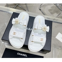 Grade Quality Chanel Calfskin Strap Flat Slide Sandals with Bow and Pearls White 425049