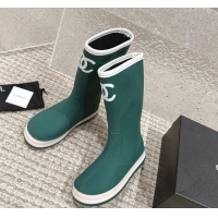 Low Cost Chanel Rubber Ankle Rain Boots with White Trim Green 425065