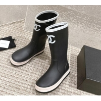 Top Grade Chanel Rubber Ankle Rain Boots with White Trim Black 425066