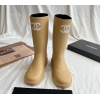 Lower Price Chanel Rubber Medium Rain Boots with Front CC Beige 0425072