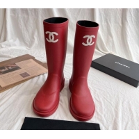 Good Product Chanel Rubber Medium Rain Boots with Front CC Red 425075