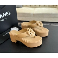 Top Design Chanel Lambskin Camellia Wedge Thong Slide Sandals Beige 425077