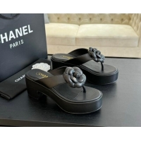 Big Discount Chanel Lambskin Camellia Wedge Thong Slide Sandals Black 425078