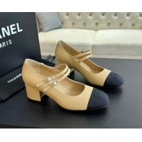 Pretty Style Chanel Lambskin Mary Janes Pump with Double Buckle Strap Beige 425085