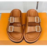 Luxury Louis Vuitton Double Buckle Strap Sandals in Calfskin Brown 426047