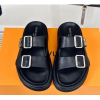 Duplicate Louis Vuitton Double Buckle Strap Sandals in Calfskin Black 426048