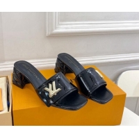 Best Grade Louis Vuitton Shake Slide Sandals 5.5cm with Quilted Heel in Patent Calfskin Black 0426060