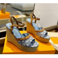 Sumptuous Louis Vuitton Helios Wedge Sandals 11cm in Monogram Jacquard Light Blue 426123