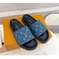 Duplicate Louis Vuitton Blue Monogram Denim Flat Slide Sandals with Wide Strap 426124