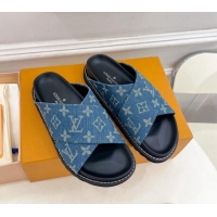 Grade Quality Louis Vuitton Blue Monogram Denim Flat Slide Sandals with Cross Strap 426128