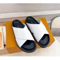 Purchase Louis Vuitton Monogram Calfskin Flat Slide Sandals with Cross Strap White 426130