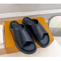 Buy Discount Louis Vuitton Monogram Calfskin Flat Slide Sandals with Cross Strap Black 426131