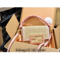 Low Cost Fendi Baguette Medium Flap Bag in Straw 0513 Pink 2024