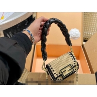 Top Quality Fendi Baguette Mini Flap Bag in Straw 0513 Black 2024