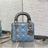 Top Quality Dior Mini Lady Dior Bag in Two-Tone Cannage Lambskin 0505 Grey/Blue 2024