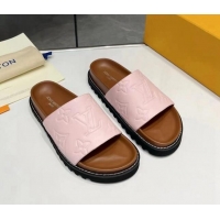 Good Quality Louis Vuitton Women's Monogram Calfskin Flat Slide Sandals with Wide Strap Light Pink 426174