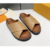 Sumptuous Louis Vuitton Women's Monogram Calfskin Flat Slide Sandals with Cross Strap Brown 426175