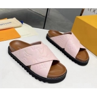 Grade Quality Louis Vuitton Women's Monogram Calfskin Flat Slide Sandals with Cross Strap Light Pink 426177